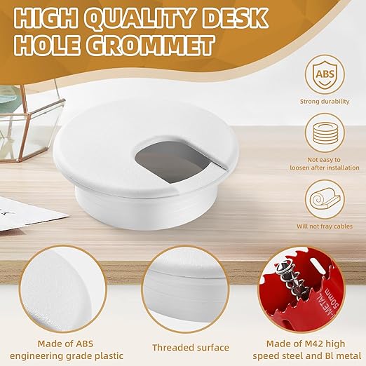 Desk Grommet 2 Inch (50 mm) 10 Pieces, Desk Hole Cover for Cables White, ABS Plastic Grommet Hole Cover with Hole Saw for Wires Cables Through The Countertop by XIOGZAXI