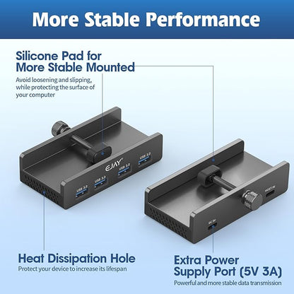 EJAY 4Ports USB3.0 Splitter Alu Clamp Desktop USB HUB for Desk/Monitors Clipping with Extra Power Supply Port and 2 Long Cables(59inches Data & 39inches Power Cables)