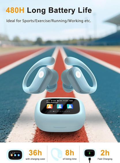 Wireless Earbuds, ANC Noise Cancelling Sport Ear Buds with Multifunctional Touch Screen, Bluetooth 5.4 Headphones, Bass Stereo Sound, 5 EQ Over The Ear Earbuds for Sports/Workout/Gym-Sky Blue