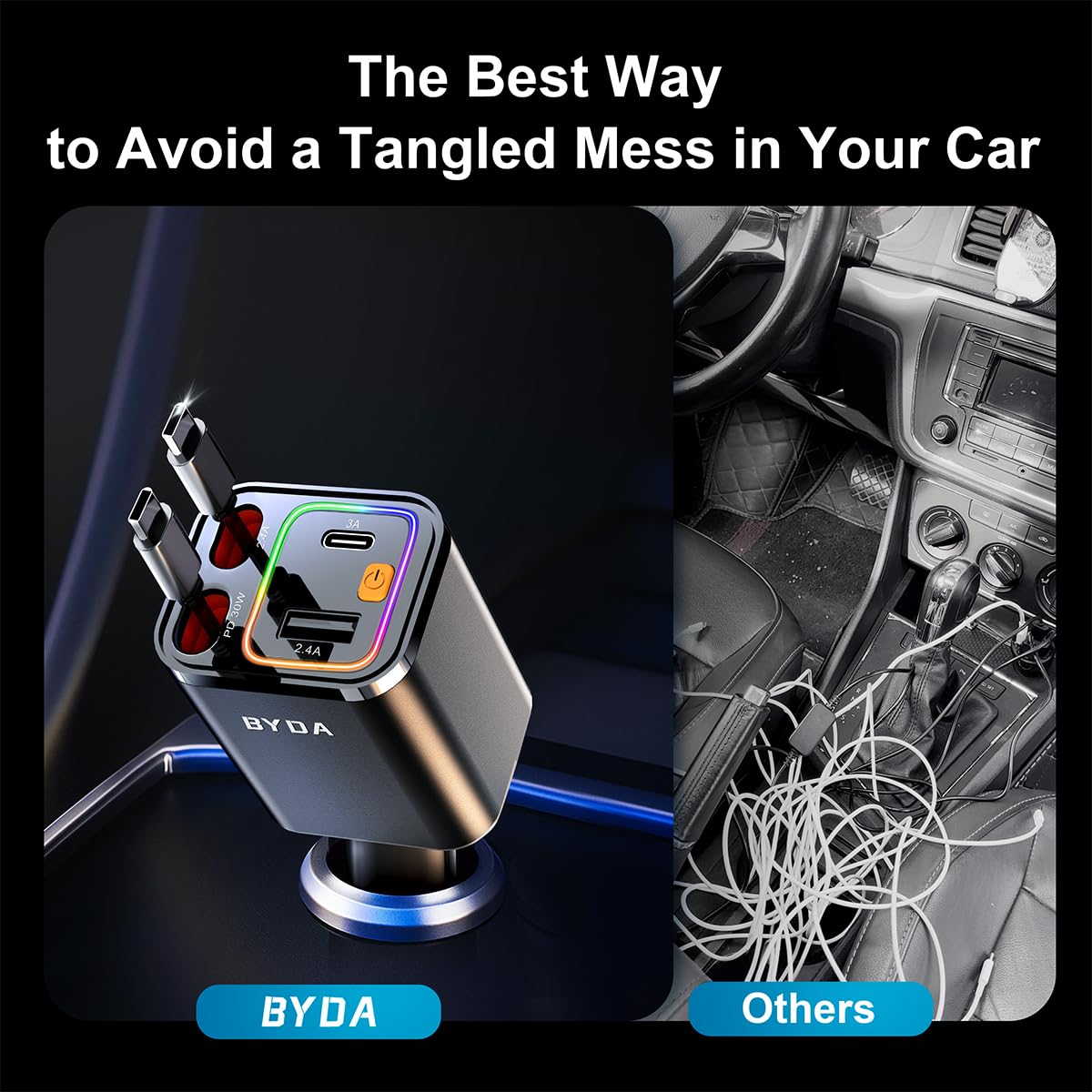 4 in 1 Retractable Car Charger,69W USB-C Fast Car Charger, for iPhone 17/16/15/14/13/12/11, Android,Pixel,Cigarette Lighter Charger (for Type C+Lightn-ing)