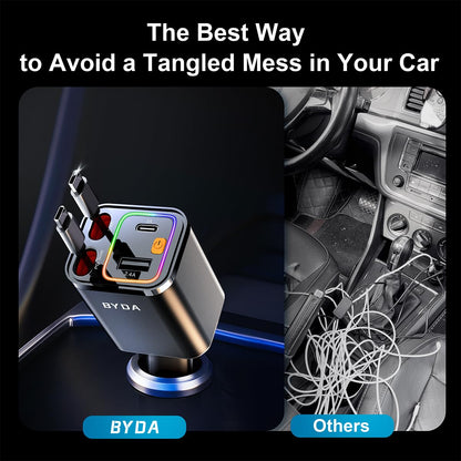 4 in 1 Retractable Car Charger,69W USB-C Fast Car Charger, for iPhone 17/16/15/14/13/12/11, Android,Pixel,Cigarette Lighter Charger (for Type C+Lightn-ing)