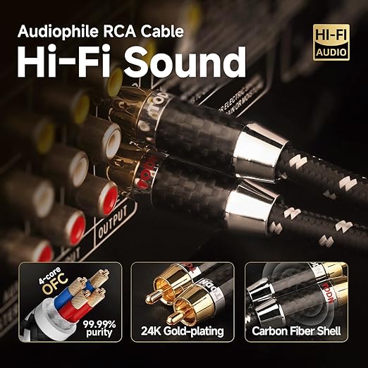 TODN RCA Cables Audiophile Male to Male Stereo Shielded HiFi OFC Car Audio RCA Cable for Sub, Amp, Phono (3ft/1m, 1 Pair)