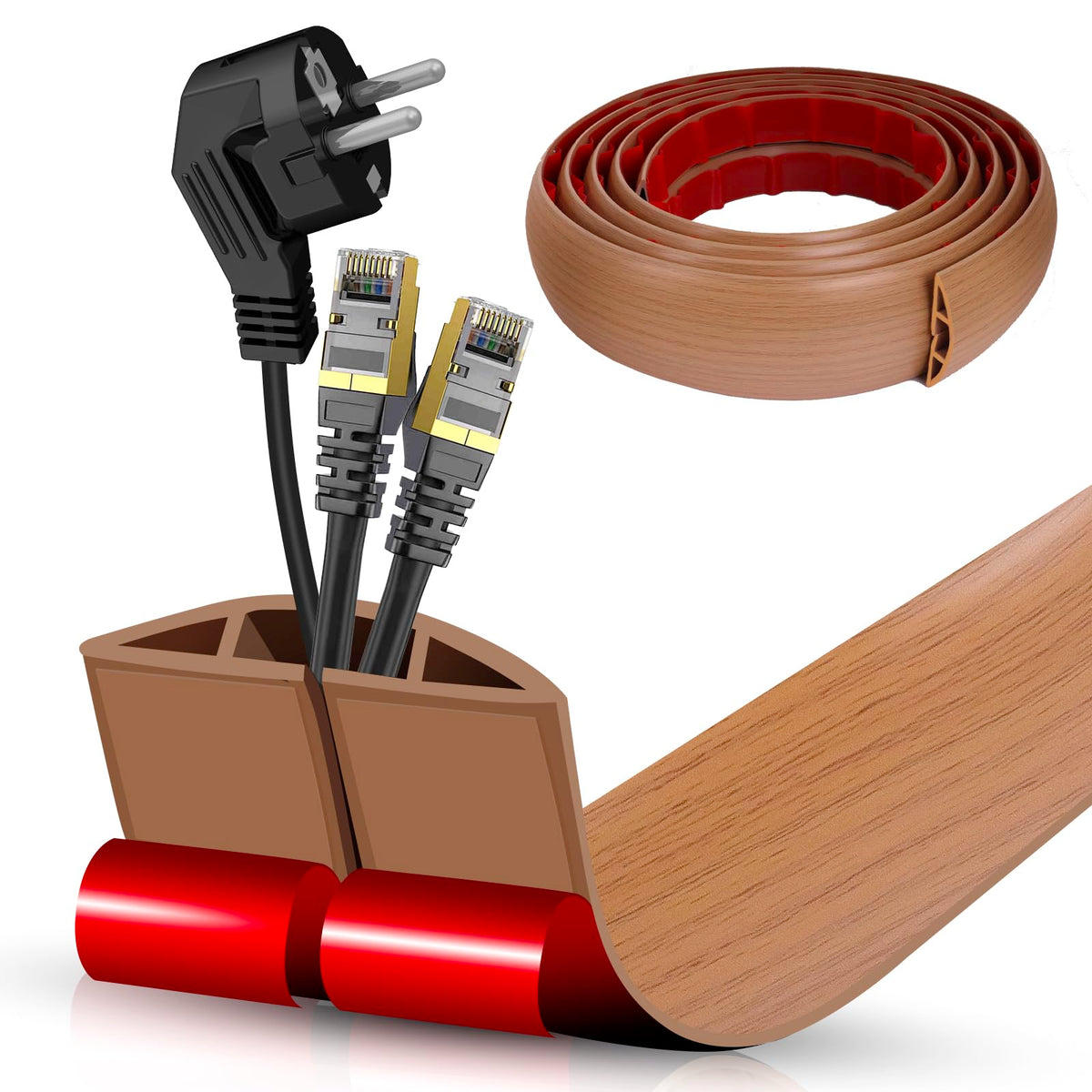 Floor Cord Cover Cavity 0.8"x0.37" Self Adhesive Cord Hider, 10FT Low Profile Cable Management, Extension Strip Protector for Wires, Prevent Cable Trips for Offices, Gyms, Exhibitions (Brown Wood)