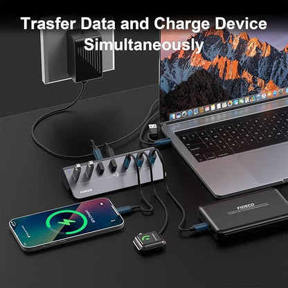 FIDECO Powered USB Hub, 7 Port 10Gbps Fast Data Hub for iPhone 16/15 and Laptop, Full Aluminum USB Splitter with 5V 3A Power Adapter, 4 USB A and 3 USB C Ports, Support BC1.2 Charging, Grey