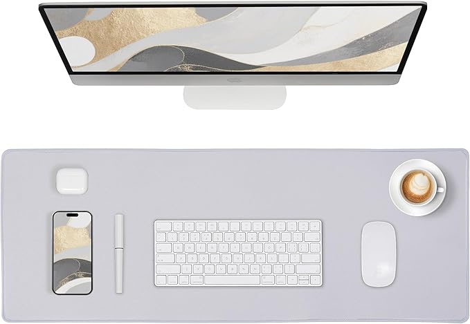 ALOANES Silvery Waterproof Desk Mat, Large Mouse Pad with Extended Mouse Mat, with Anti Slip Base, Stitched Edge, Grain Jacquard Surface, Perfect for Gamer, Office & Home, 3XL(15.74''x35.43''x0.12'')