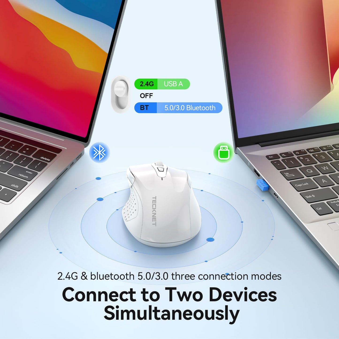 TECKNET Rechargeable Jiggler Wireless Mouse, Dual-Mode Connectivity, White