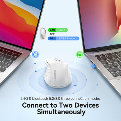 TECKNET Rechargeable Jiggler Wireless Mouse, Dual-Mode Connectivity, White
