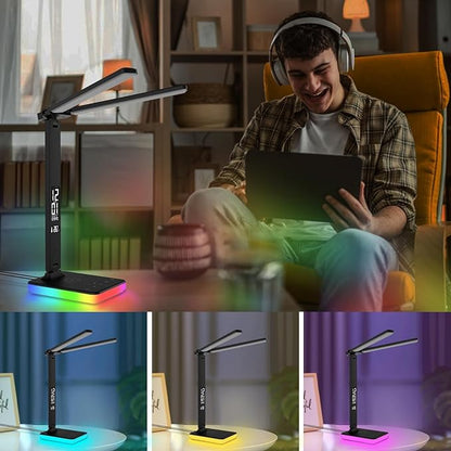 LED Desk Lamp with Charger, USB Charging Port, Dual Swing Arm Desk Light with 5 Brightness, 3 Colors, Table Lamp with Clock, Alarm, Date, Temperature, Desk Lamp for Home Office Study (Black)