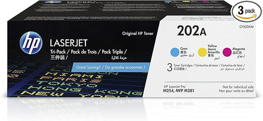 HP 202A Cyan, Magenta, Yellow Toner Cartridges Printers (3-Pack) | Works with Color LaserJet Pro M254, Color LaserJet Pro MFP M281 Series | CF500AM