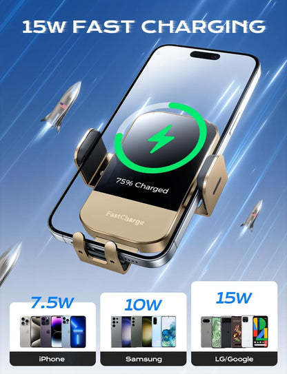 CHGeek Wireless Car Charger, 15W Fast Charging Auto Clamping Car Charger Phone Mount Phone Holder fit for iPhone 15 14 13 12 11 Pro Max Xs, Samsung Galaxy S24 Ultra S23 S22 S21, S20, S10+, Golden