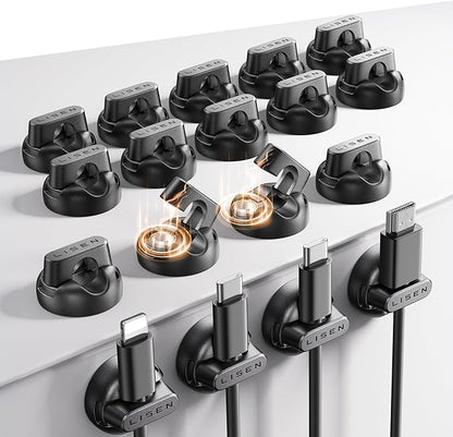 18-Pack Magnetic Cable Clips [1S Snap-On] Cord Holder, LISEN Office Desk Organizers and Accessories with 9 Extra Strong Adhesive Pads, Wire Organizer for Nightstand, Home, Wall, Car, Desktop