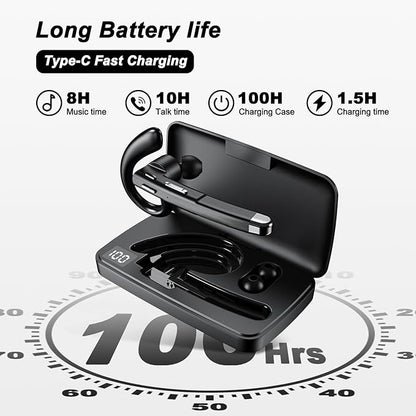 Bluetooth Headset, Wireless Earpiece with 500mAh Charging Case, 100Hrs Talking Time Built-in Dual Microphone 270° Rotatable Hand-Free Noise Canceling Headphones for Office/Trucker/Business