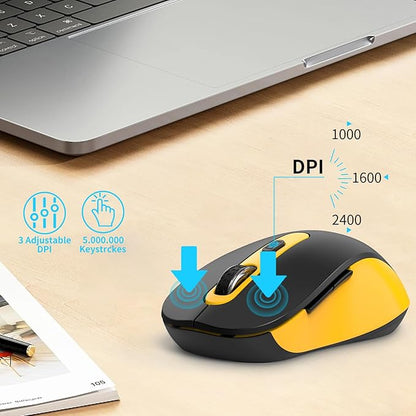 Wireless Mouse for Laptop, PC, Chromebook, Mac, MacBook, Silent Wireless Mouse with USB Nano Receiver, Side Button, 2400 DPI, Anti Slip Roller, 6 Button Ergonomics Cordless Computer Mice -Black Yellow