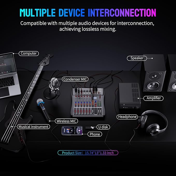 Professional DJ Audio Mixer - NEW BAXS 6 Channel DJ Bluetooth Controller Sound Mixer,USB Interface,6 XLR Mic/Line Input,AUX,FX Processor MP3 Player,+48V Phantom For Karaoke Studio Streaming Recording
