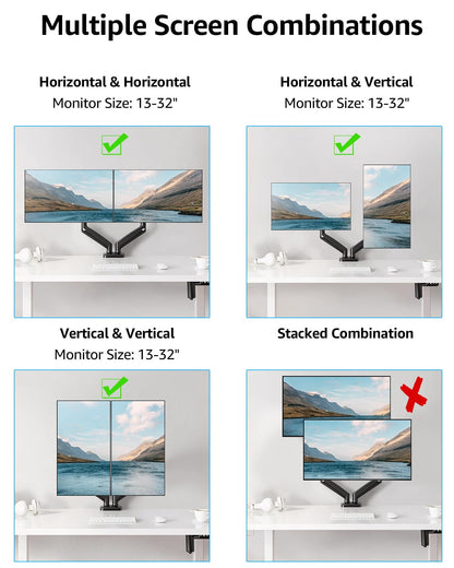 MOUNTUP Dual Monitor Stand for Desk, Monitor Arms for 2 Monitors 32 27 24 22 Inches, Height Adjustable Double Monitor Mount, VESA Mount with C-Clamp & Grommet Base, Holds 4.4-17.6lbs