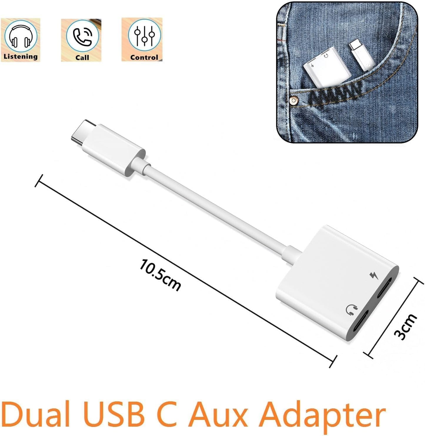 Dual USB C Headphone and Charger Adapter for iPhone 16,Dual USB C AUX + Charger Dongle Splitter Adapter Compatible with iPhone 16/16 Pro/16 Pro Max/15/15Pro/15Pro Max Support Call+Charging( 2Pack)