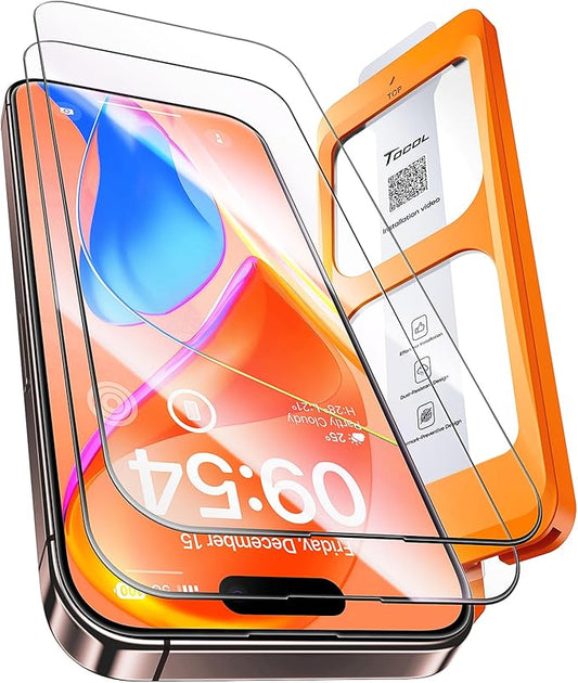 TOCOL for iPhone 15 Pro Screen Protector, [9H Hardness] [Military Grade Shatterproof] HD Tempered Glass for iPhone 15 Pro Full Coverage Screen Protector, Easy Installation, 2 Pack