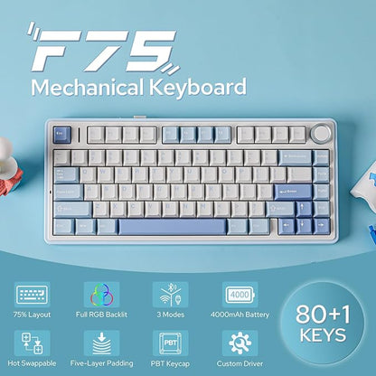 EPOMAKER x Aula F75 Gasket Mechanical Keyboard, 75% Wireless Hot Swappable Gaming Keyboard with Five-Layer Padding&Knob, Bluetooth/2.4GHz/USB-C, RGB (Sea Salt Blue, Ice Vein Switch)