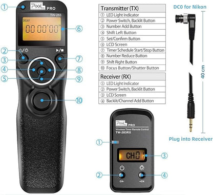 Pixel LCD Wireless Shutter Release Remote Control TW283-DC0 Compatible with Nikon Z8 Z9 D3 D810A D3s D4 D5 D6 D800 D850 D800E D810A D810 D700 D500 D300 D300s D200 F100 F90 F90X F6 F5 N90s D1X D2H
