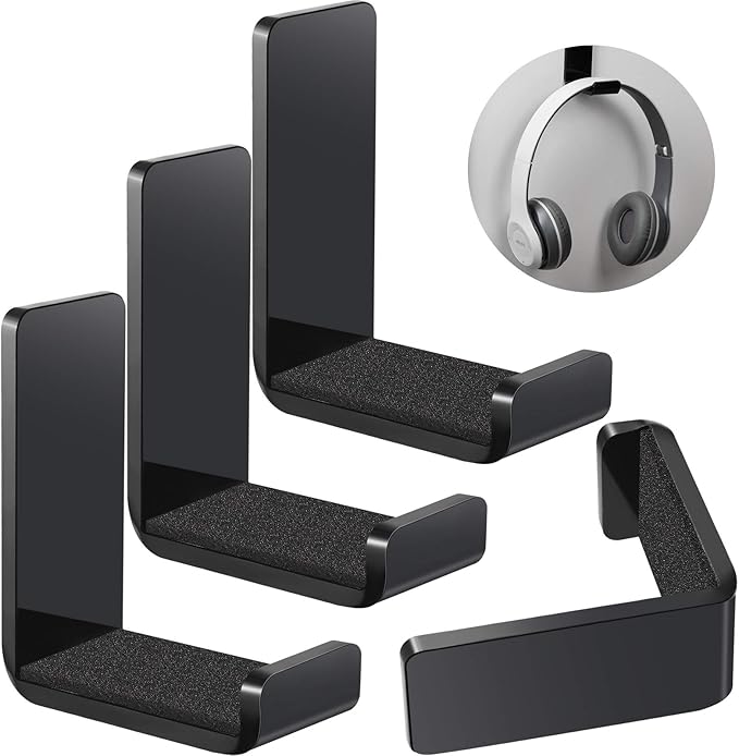 Weewooday 4 Pieces Headphone Hanger Holder Desk Adhesive Headphone Hook Wall Mount Headset Stand Acrylic Holder with Glues for General Purpose Game Earphone(Black)