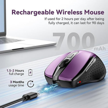Bluetooth Mouse (BT5.0/3.0 & 2.4G) Rechargeable Wireless Mouse, 4800 DPI Optical Tracking, 6 Adjustable DPI, 2.4GHz with USB A Receiver, Quiet Clicks, Ergonomic Grips, 6 Buttons - Purple