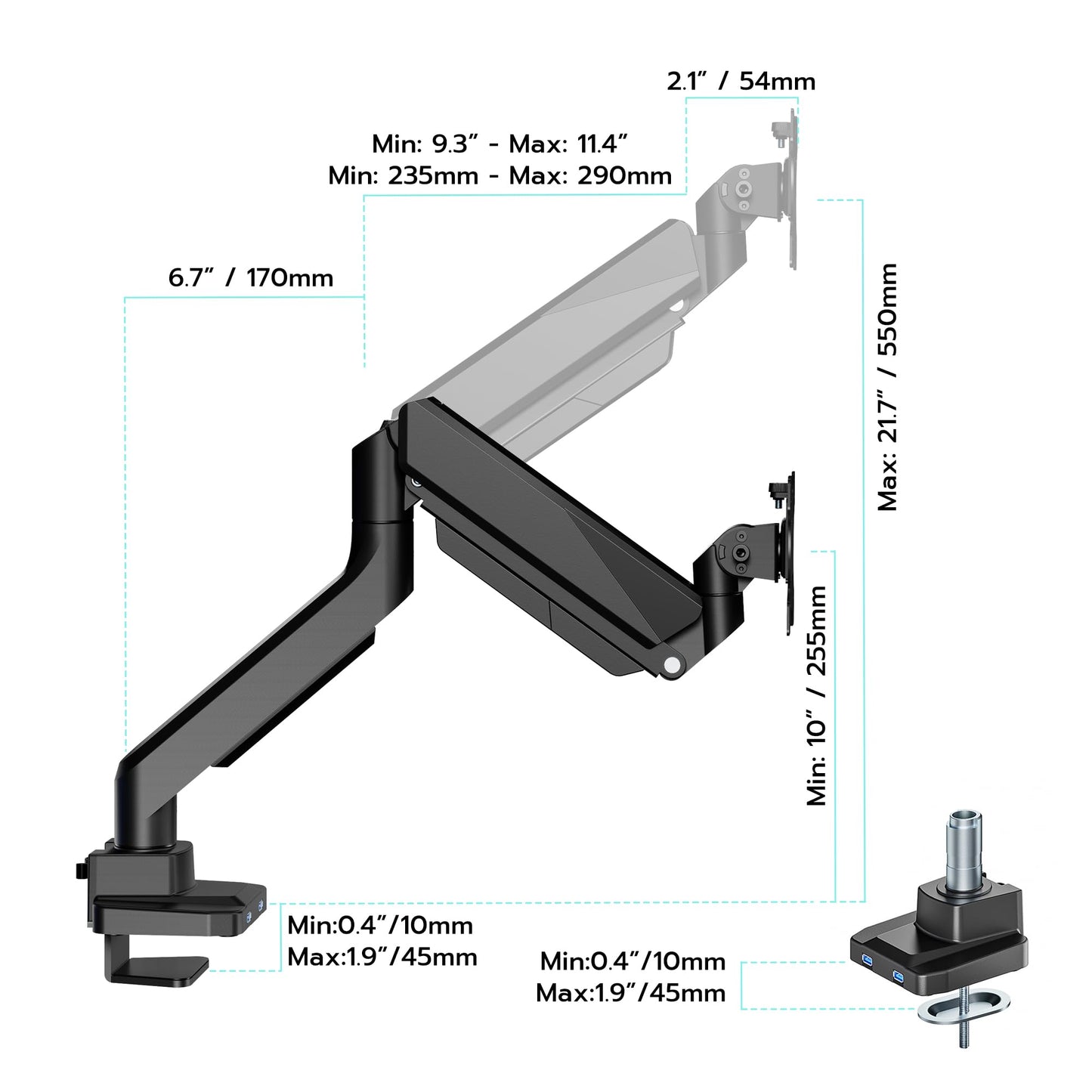 Heavy Duty Single Monitor Mount for 13"-49" Curved Screens with USB, Black