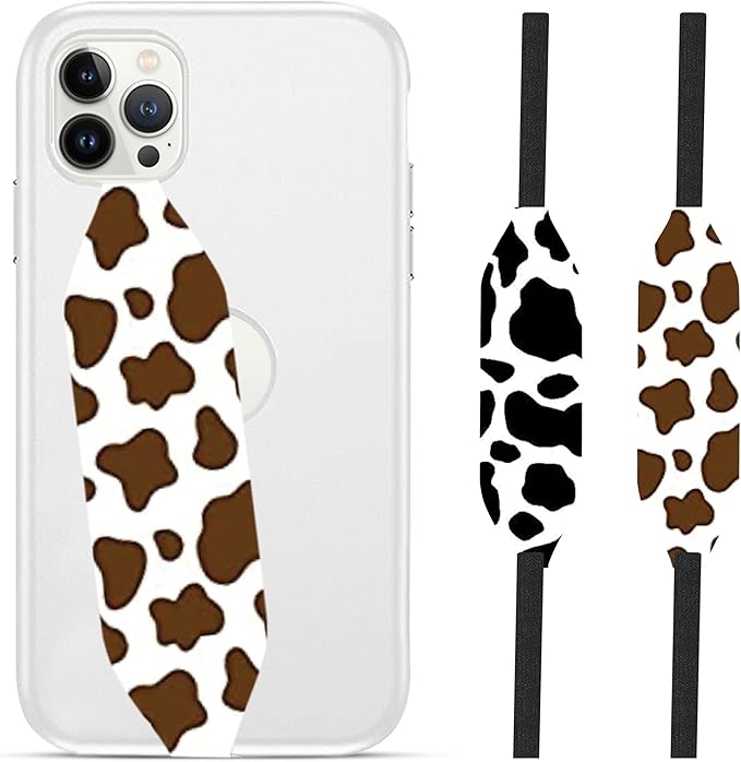 Phone Grip Strap - Pack of 2 Reversible Finger Holder for Phone Back, Customizable Anti-Slip Design, Wireless Charging Compatible Detachable Holder for iPhone - Brown & Black Cows