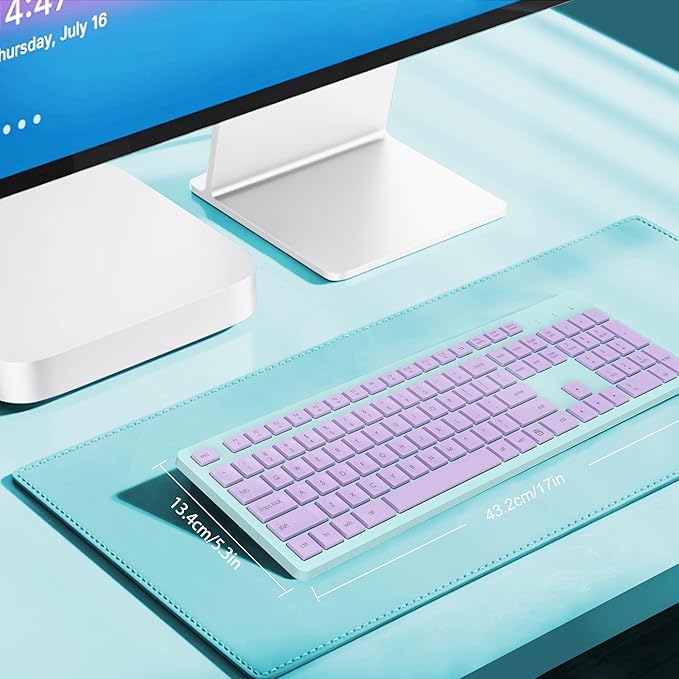 LeadsaiL Wireless Keyboard, 2.4GHz Full-Sized Ergonomic Computer Keyboard, Cordless Noiseless Keyboard,12 FN Shortcuts for Windows MacOS Laptop Computer - Purple and Mint Green
