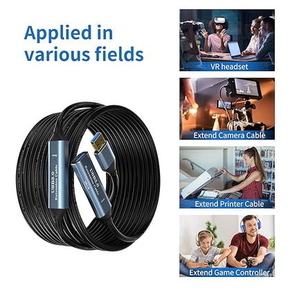 USB 3.0 Extension Cable 50FT Type A Male to Female Active Extender Cord with 2 Extension Chipsets Signal Booster and 1 USB-C Charging Port, for Webcam, USB Hub, PlayStation, Printer, Camera