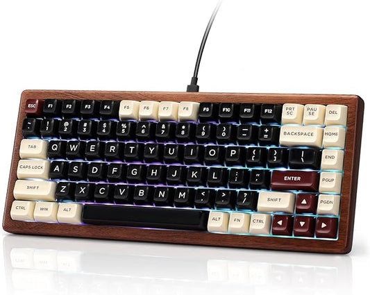 GLENCREAG WK84 USB-C Wired Wooden Mechanical Keyboard, 75% Layout 84 Keys, RGB Backlit, Hot-Swappable Green Switches, QMK/VIA Programmable, for Gaming & Typing