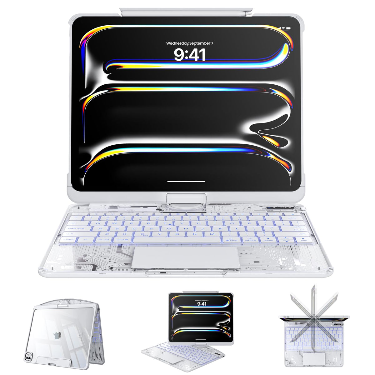 Tiaota Transparent Case Keyboard for iPad 11th Gen 11 inch (A16, 2025) & 2022 iPad 10th Gen 10.9 in,7-Color Backlit,Wireless Keyboard, 360°Rotating,Multi-Touch trackpad, Pencil Slot,Shortcuts,Black