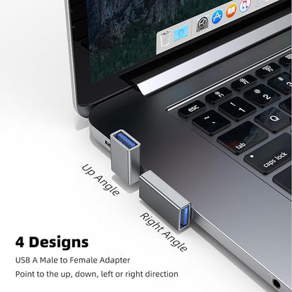 AreMe 90 Degree USB 3.0 Adapter 4 Pack, Up and Down Angle, Left and Right Angle USB A Male to Female Converter Extender for PC, Laptop, USB A Charger, Power Bank and More (Grey)