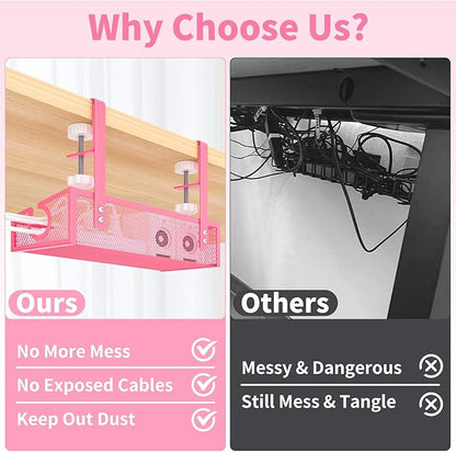 Under Desk Cable Management Tray Black, No Drill Desk Cable Wire Management Organizer with Clamp, PC Cord Organizer Accessories & Workspace for Office, Home（Pink）