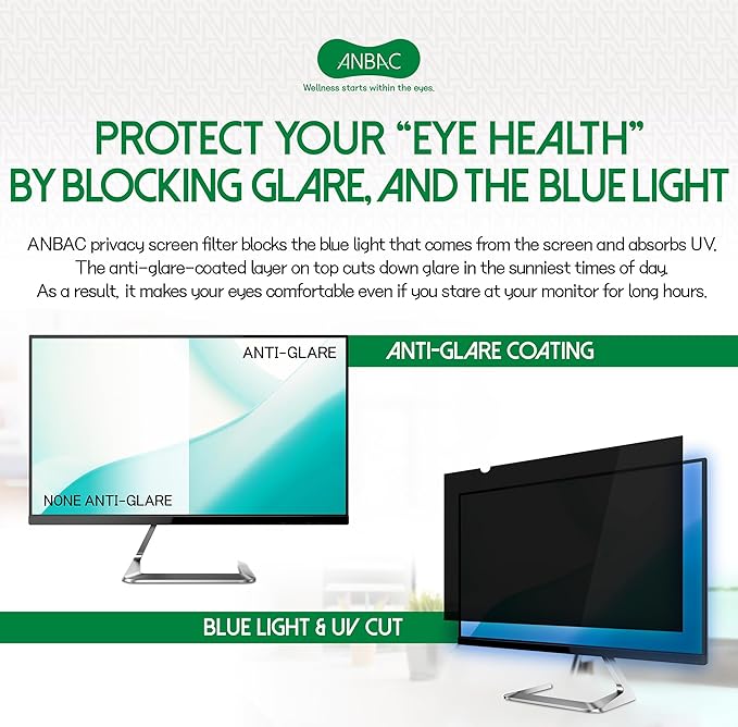 ANBAC 24 Inch Desktop Privacy Screen Shield for 16:9 Wide Monitor - Anti Glare Computer Privacy Screen Cover | Blue Light Blocking Screen Protector | Scratch Resistant UV Filter | Attachment Type