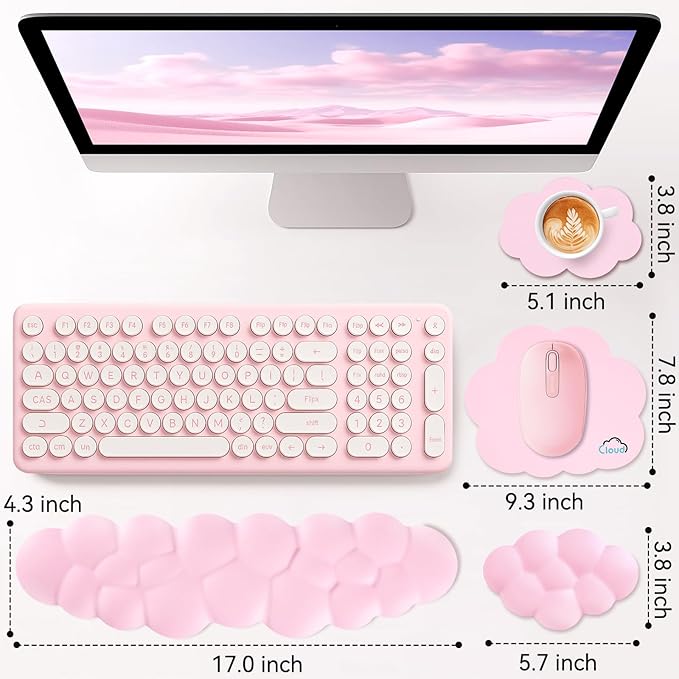 Cloud Wrist Rest for Computer Keyboard, 4-in-1 Memory Foam Leather Cloud Keyboard Wrist Rest and Mouse Pad Set with Ergonomic Support for Arm and Palm Cushion, Gaming/Work Setup, Pink