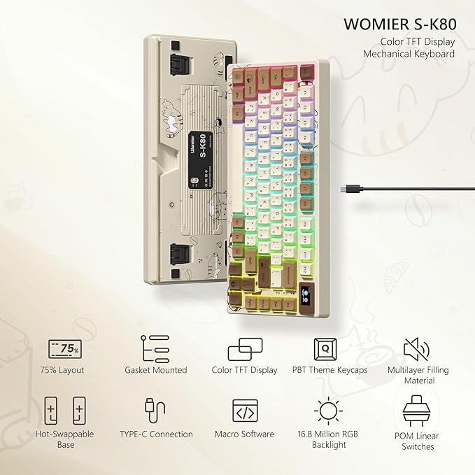 Womier SK80 Retro 75% Keyboard with Color Multimedia Display Gaming Keyboard