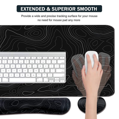 Topographic Mouse Pad Set, Extended Mouse Pad+Keyboard Wrist Rest, Memory Foam Ergonomic Easy Typing, 4Pcs (35.4×15.7 in) Desk Pad Set for Home Office Study Game-Topographic Contour