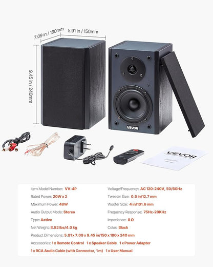 VEVOR Powered Bookshelf Speakers, 20W x 2, Active Studio Monitor Speaker with 4 Inch Woofer, Adjustable Volume and Audio with Bluetooth Optical Connection, Wooden Enclosure, for Record Player PC TV