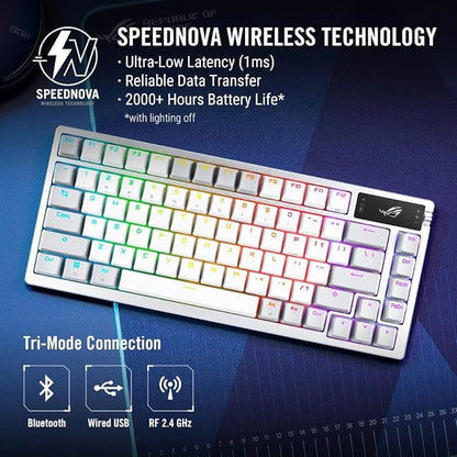 ASUS ROG Azoth 75 Wireless DIY Custom Gaming Keyboard, OLED display, Gasket-Mount, Three-Layer Dampening, Hot-Swappable Pre-lubed ROG NX Storm Switches & Keyboard Stabilizers, PBT Keycaps, RGB - White
