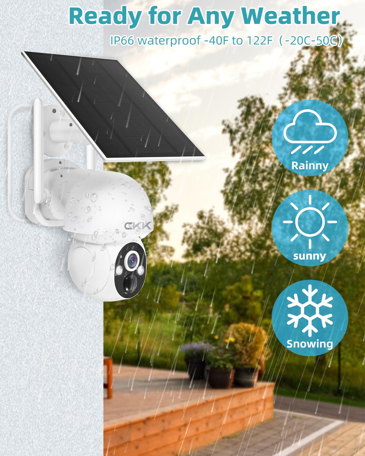 CKK 2.5K 4pcs Solar Security Camera System Wireless Outdoor with 128GB Card,360PTZ, PIR Motion Detection, Color Night Vision, 2-Way Talk, IP66 Waterproof, Audible & Floodlight Alarm for Home and Yard