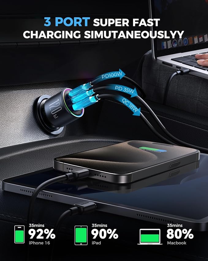 JOYROOM 175W Super Fast Car Charger [GaN] 3-Port Car Charger USB C Fast Charge with USB-C Cable, Car Cigarette Lighter USB Charger for iPhone 17/16/15, Samsung S26/25, Pixel 10, MacBook, iPad and More