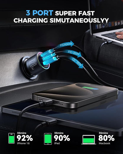 JOYROOM 175W Super Fast Car Charger [GaN] 3-Port Car Charger USB C Fast Charge with USB-C Cable, Car Cigarette Lighter USB Charger for iPhone 17/16/15, Samsung S26/25, Pixel 10, MacBook, iPad and More
