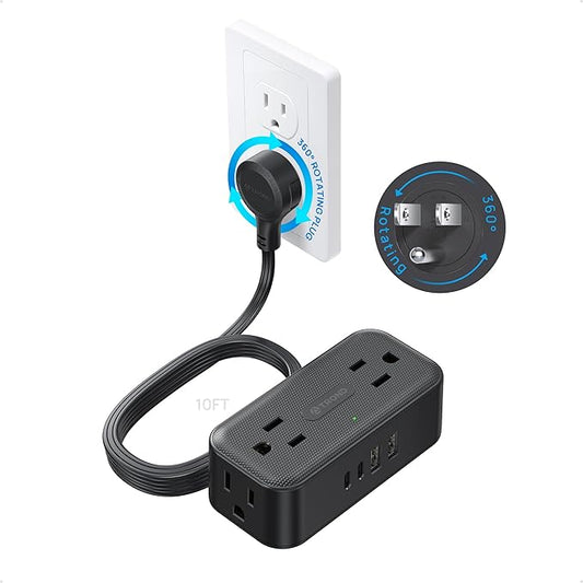 TROND 360° Rotating Flat Plug Power Strip 10ft, 4 Widely AC Outlets, Black