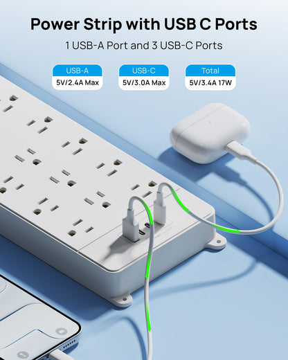 TROND 360° Rotating Flat Plug, Surge Protector Power Strip, 13AC Widely Spaced Outlets Expansion with 3 USB C Ports, 4000J, 15ft Extension Cord Heavy Duty, Wall Mount, Under Desk, ETL Listed, White