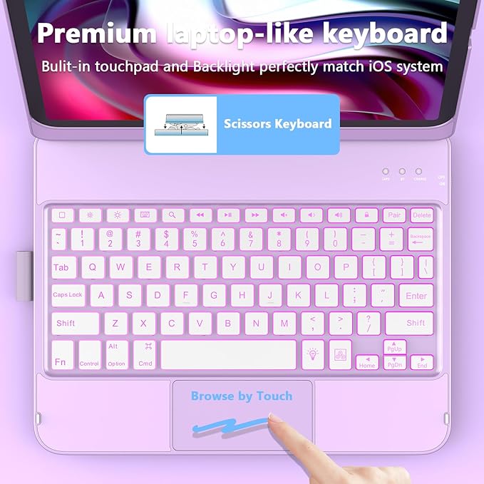HOTLIFE for iPad A16 11th Generation/10th Generation Case with Keyboard,Touch Keyboard for iPad 11" /10th Gen 10.9 inch 2022-10 Color Backlight, 360° Rotatable Protective Cover (Light Purple)
