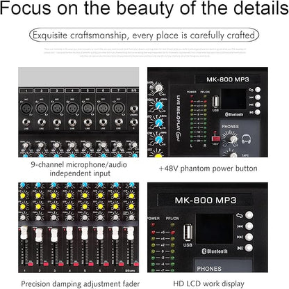 G-MARK MK800MP3 Professional Audio Mixer Sound Board 8 Channels Mixing Console with MP3 Player +48V Phantom Power Digital USB Bluetooth Reverb DJ Mixer Audio for PC Karaoke Stage Studio Recording