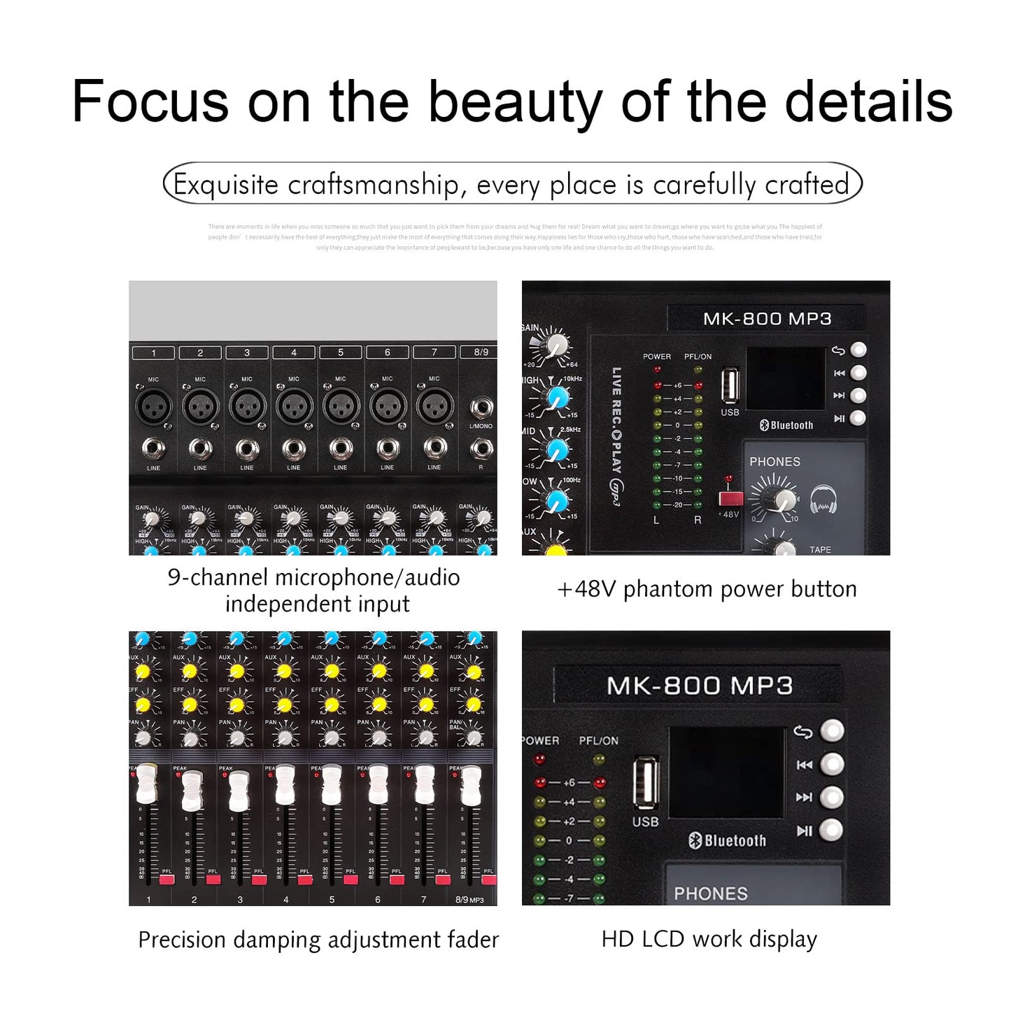 G-MARK MK800MP3 Professional Audio Mixer Sound Board 8 Channels Mixing Console with MP3 Player +48V Phantom Power Digital USB Bluetooth Reverb DJ Mixer Audio for PC Karaoke Stage Studio Recording