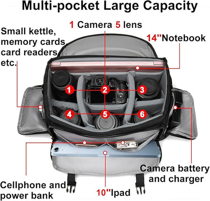 CADeN Camera Bag Case Shoulder Messenger Bag with Tripod Holder Compatible for Nikon, Canon, Sony, DSLR SLR Mirrorless Cameras Waterproof (Black, Large)