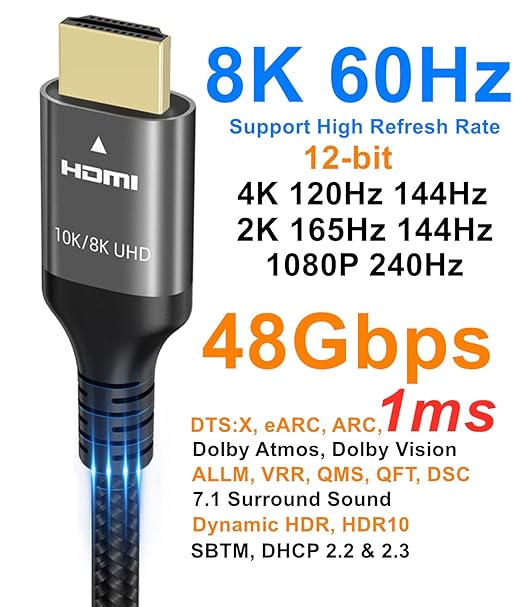 10K 8K 4K HDMI Cable 48Gbps 5 FT, Certified Ultra High Speed HDMI® Cable 4K 240Hz 144Hz 120Hz 8K60Hz 0.01ms HDR10+ eARC HDCP2.3 Netflix Roku TV PC Monitor Projector PS5 Xbox