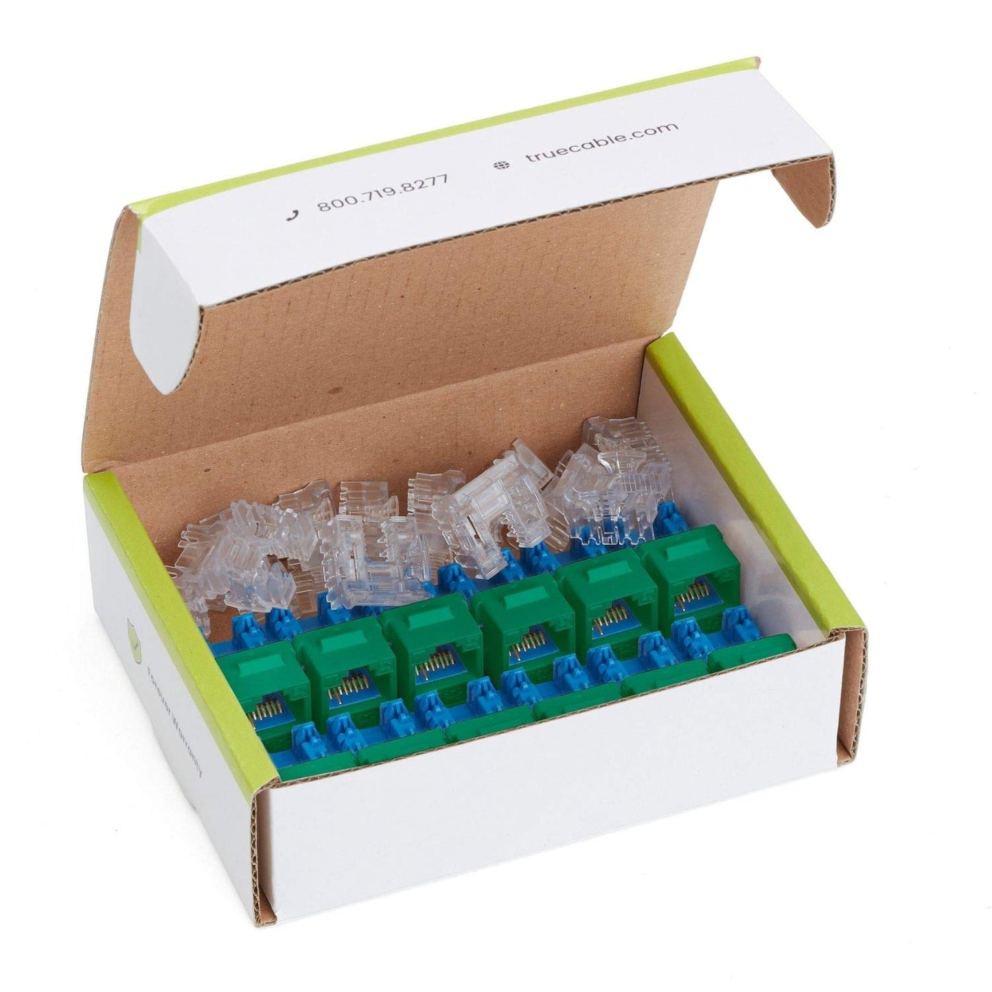 TRUE CABLE Cat6 Keystone Jack, Unshielded (UTP), 90 Degree Punch-Down, PoE++ (4PPoE) 100W, UL Listed, ETL Verified, ANSI/TIA Certified, Modular RJ45 Female, Green, 12 Pack